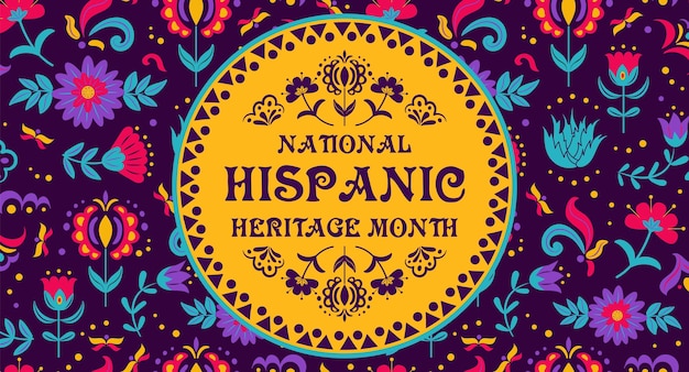 Mês da Herança Hispânica Flores folclóricas mexicanas elementos botões coloridos e folhas Modelo de design floral do festival Cinco de Mayo para cartaz de cartão de panfleto de banner