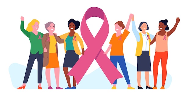 Vetor mês de conscientização do câncer de mama diferentes grupos étnicos de mulheres, juntamente com o símbolo de fita de apoio rosa doença do busto solidariedade feminina campanha de prevenção ajuda médica conceito de vetor