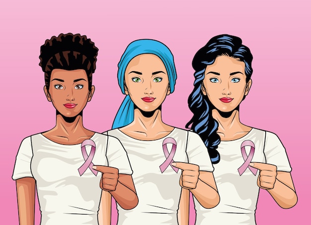 Vetor mês de conscientização sobre o câncer de mama com um grupo de garotas inter-raciais levantando um desenho de ilustração vetorial de fita rosa