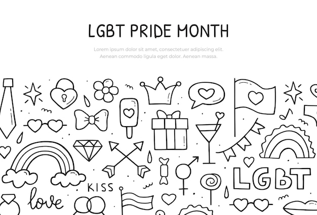 Mês do orgulho lgbt. modelo de banner da web. mão ilustrações desenhadas. estilo de desenho do doodle.