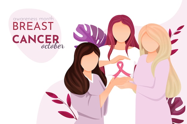 Vetor mês nacional de conscientização sobre o câncer de mama, três mulheres seguram uma fita rosa
