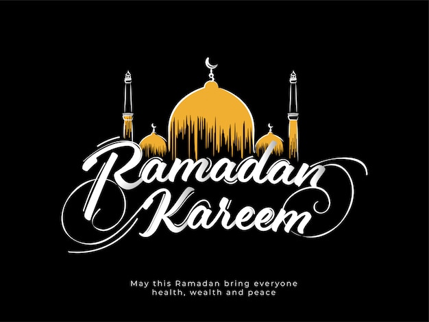 Mês sagrado islâmico de ramadan kareem com mesquita amarela em preto backgrond.