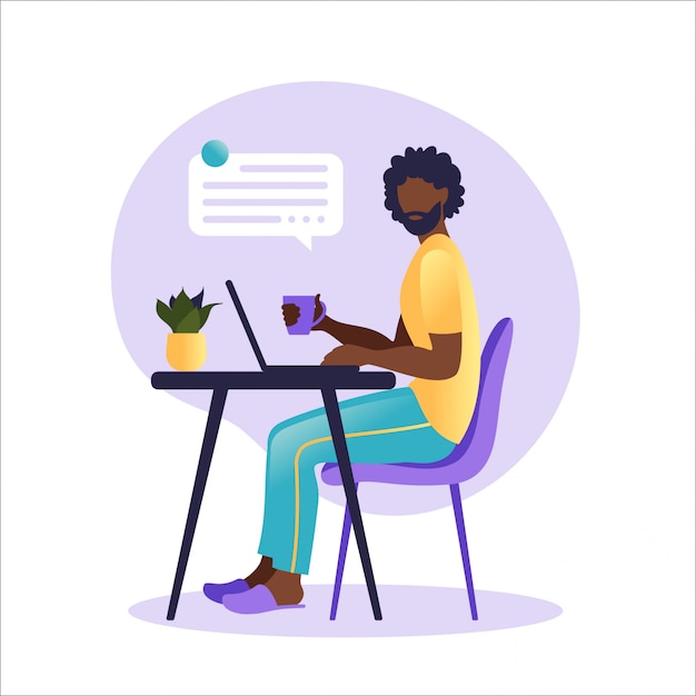 Mesa de assento do homem afro-americano com laptop. Trabalhando em um computador. Freelance, educação on-line ou conceito de mídia social. Freelance ou conceito de estudo. Estilo simples. ilustração.