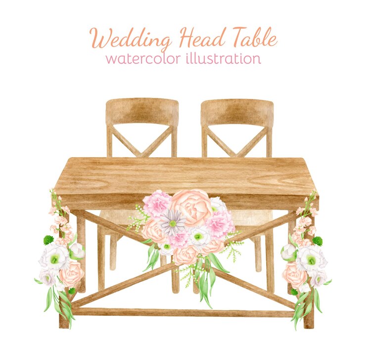 Vetor mesa de casamento em aquarela de madeira com arranjo de flores ilustração de esboço de decoração de casamento