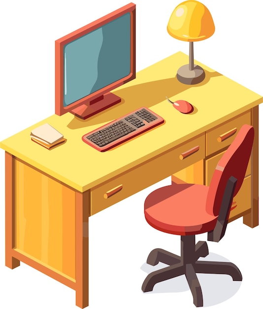 Mesa de escritório com computador e lâmpada moderna empresa local de trabalho casa mesa vetor ilustração