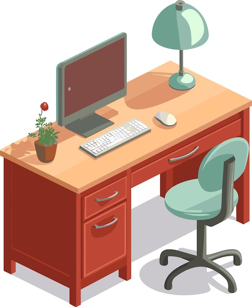 Mesa de escritório com computador e lâmpada moderna empresa local de trabalho casa mesa vetor ilustração