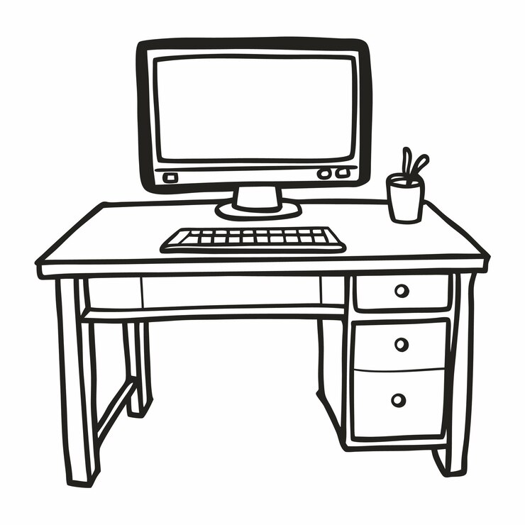Vetor mesa de escritório doméstico minimalista com ilustração de computador e acessórios