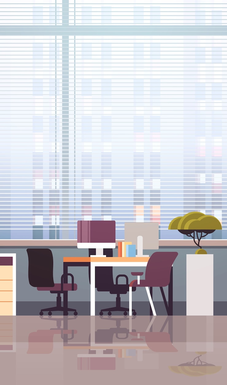 Vetor mesa de escritório vazia no local de trabalho com computador desktop moderno gabinete ilustração vertical interior