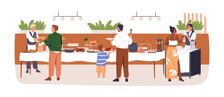 Vetor mesa de jantar buffet do hotel smorgasbord no restaurante pessoas tomando comida na estação de lanches de autoatendimento para almoço pequeno-almoço refeição da manhã ilustração vetorial plana isolada em fundo branco