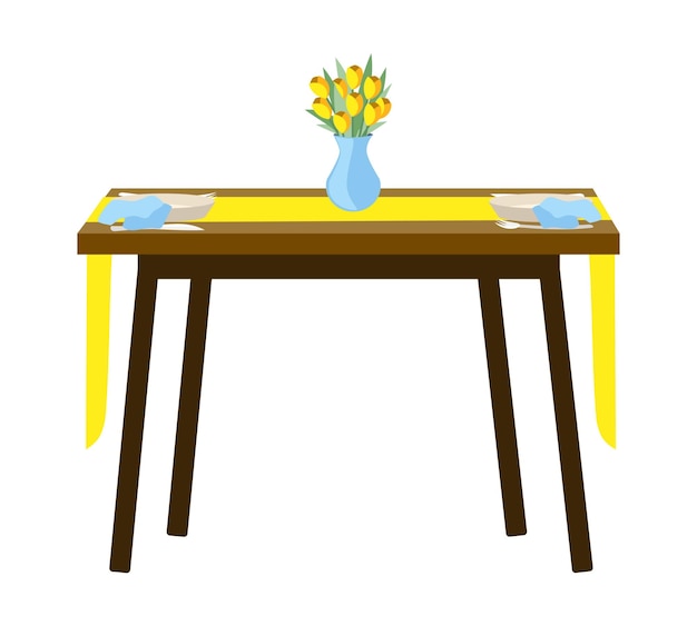 Vetor mesa de jantar com serviço. decoração azul e amarelo. pratos, flores, guardanapos. ilustração em vetor.