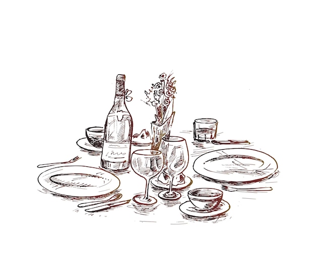 Mesa de jantar para encontro com taças de vinho Ilustração vetorial de esboço desenhado à mão