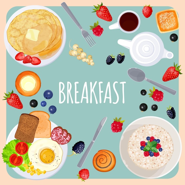 Mesa de pequeno-almoço com ilustração isolada de alimentos em azul claro