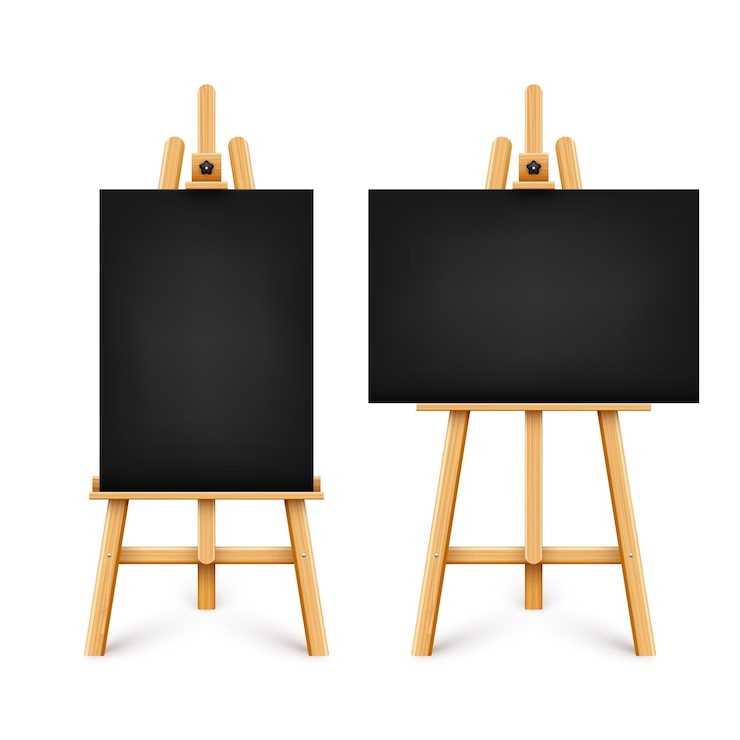 Vetor mesa de pintura realista com cavaleiro de madeira de lona preta em branco e uma folha de apresentação de papel de desenho