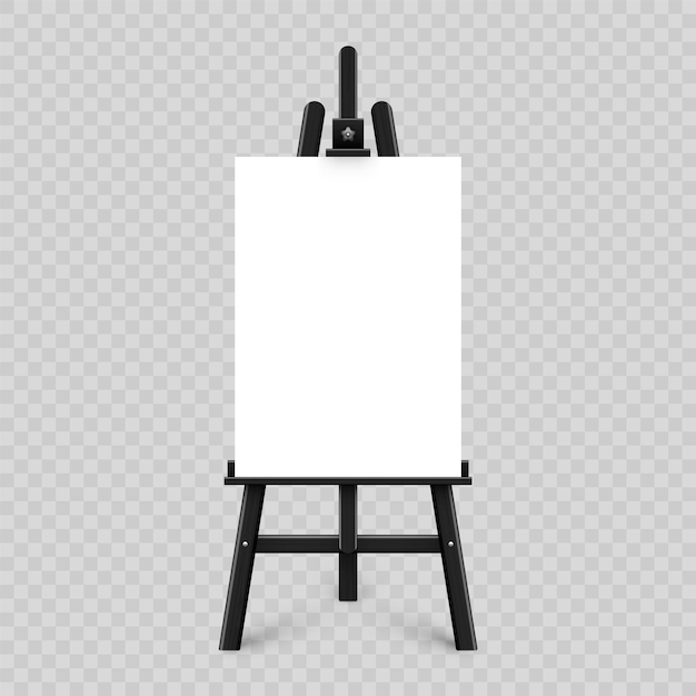 Mesa de pintura realista com tela branca em branco, cavaleiro de madeira preta e uma folha de papel de desenho