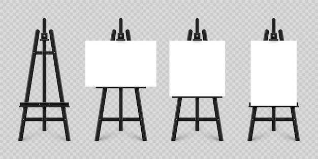 Mesa de pintura realista com tela branca em branco, cavalete de madeira preta e uma folha de papel de desenho