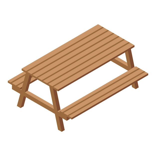 Mesa de piquenique de madeira isolada em fundo branco vista isométrica