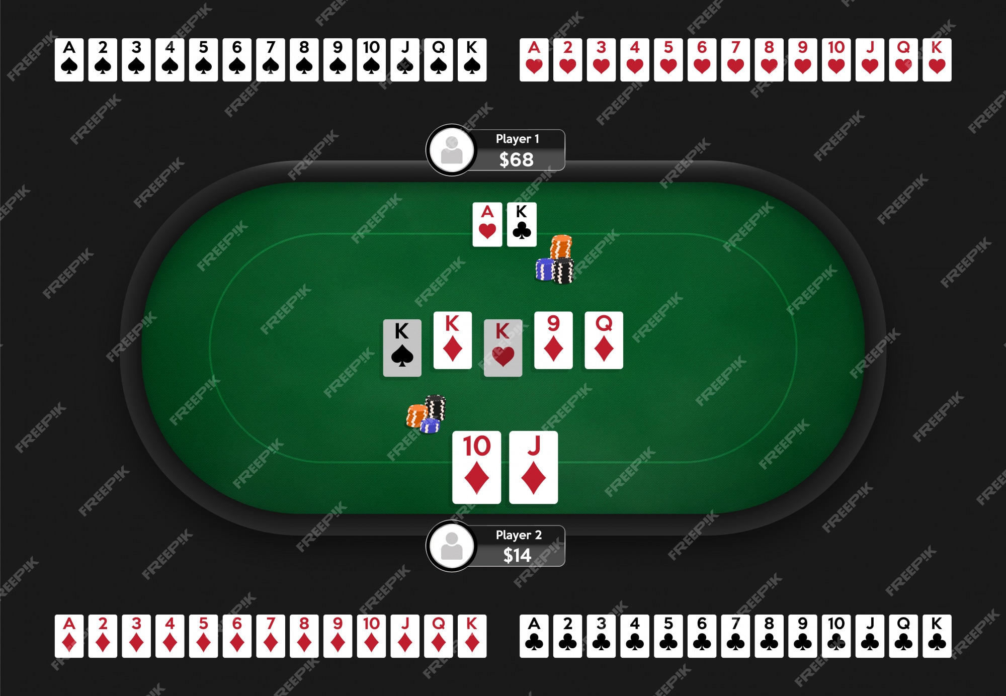 Mesa de pôquer. sala de poker online. baralho completo de cartas