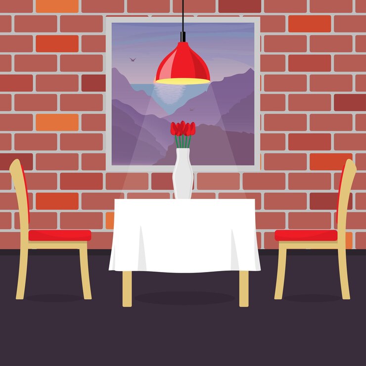 Vetor mesa de restaurante com duas cadeiras e vaso com flores mesa em restaurante aconchegante uma luminária suspensa