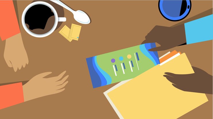 Vetor mesa de reunião colaborativa com documentos de café e conceito de apresentação de dados