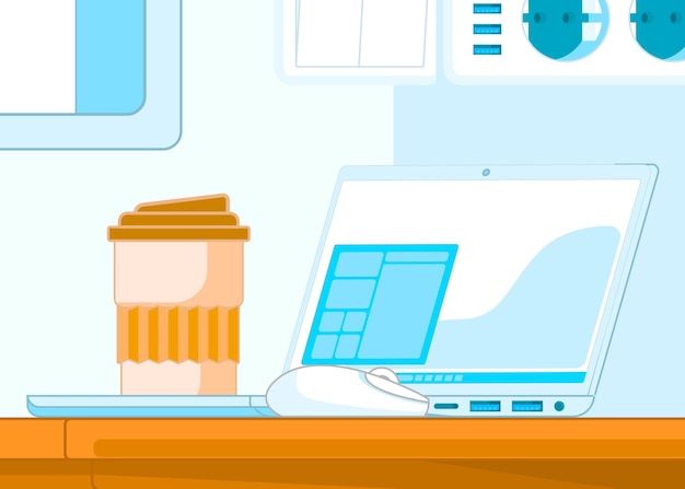 Mesa de trabalho com mouse laptop e ilustração de arte vetorial de café