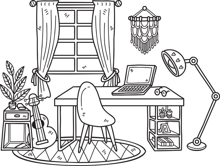 Vetor mesa de trabalho desenhada à mão com plantas e ilustração de quarto interior de janela