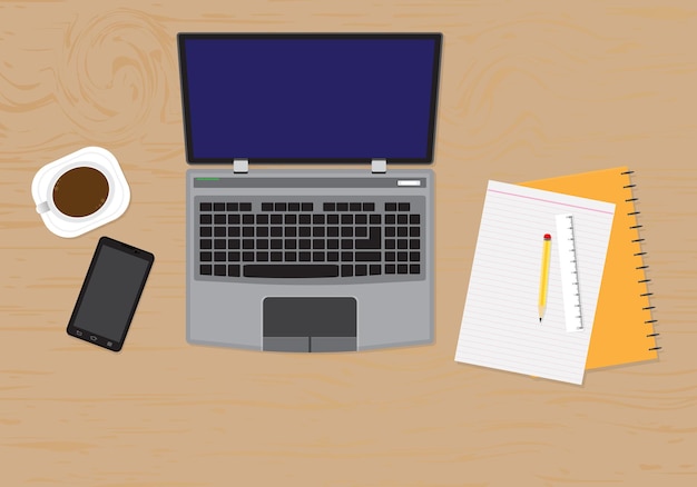 Vetor mesa de trabalho em cor lisa com laptop notebook lápis café e smartphone