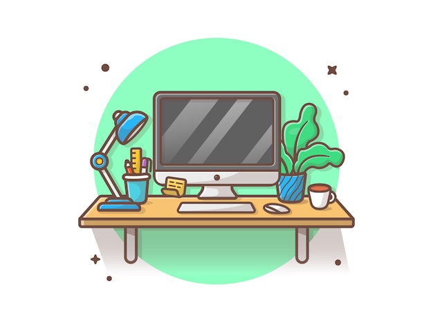 Mesa de trabalho vector icon ilustração. área de trabalho e lâmpada, café, estacionário, planta, escritório ícone conceito branco isolado