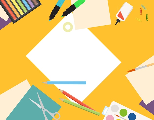 Mesa de visão superior de laboratório infantil criativo Pintura, corte de papel e ilustração vetorial de desenho