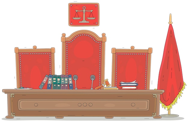 Mesa e cadeiras de juízes para audiências oficiais e sentenças em uma sala de julgamento