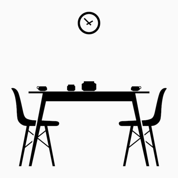 Vetor mesa para duas pessoas com café da manhã e relógio na parede