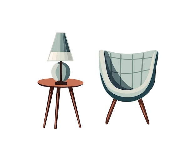 Mesa redonda com lâmpada de mesa com poltrona moderna macia em uma ilustração vetorial de fundo branco