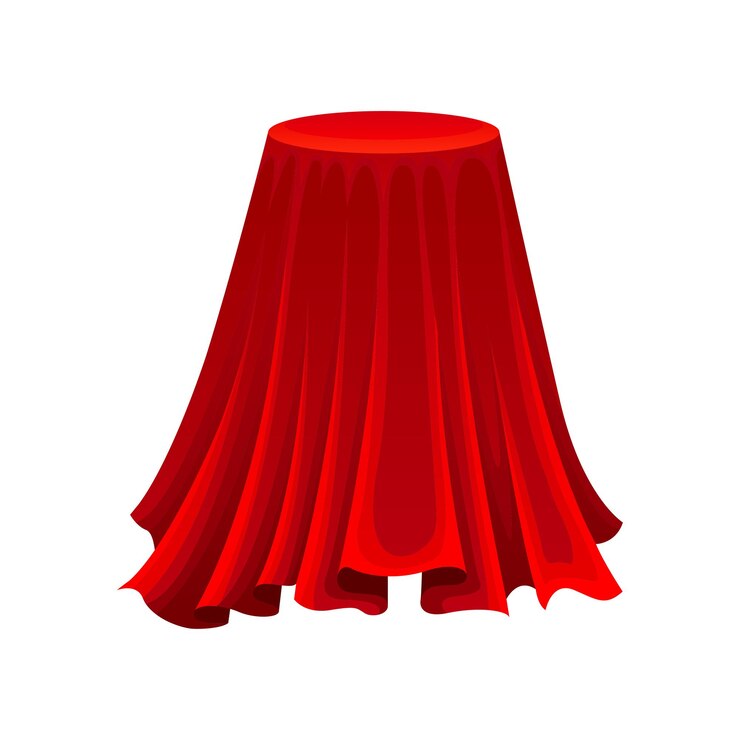 Vetor mesa redonda sob pano de seda vermelho presente secreto sob tecido de cetim magia e mistério conceito vetor ilustração plana