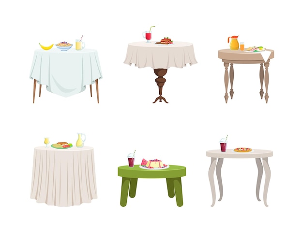 Mesas cobertas com toalhas de mesa e servidas com um conjunto de vectores de alimentos