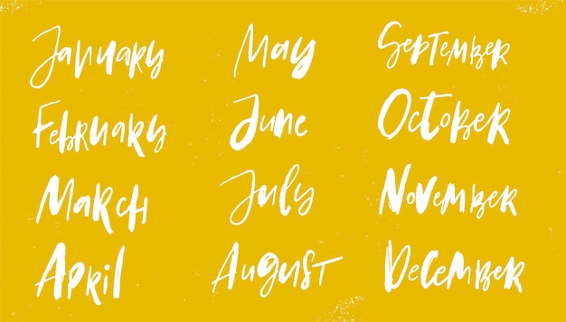 Meses de calendário de mão desenhada lettering em amarelo