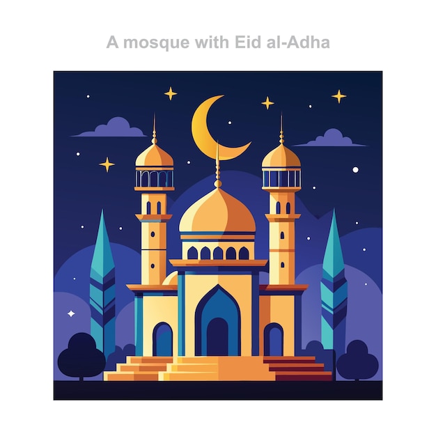 Mesquita à noite com crescente de lua para a celebração do Eid al-Adha