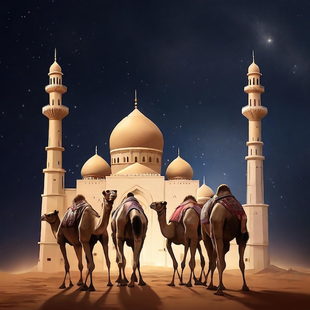 Mesquita da Arábia do Saara Um rebanho de camelos Eid Mubarak