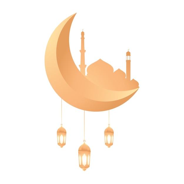 Mesquita dourada atrás da lua crescente brilhante 3d e bela lanterna para ícone islâmico e elemento para ramadan kareem