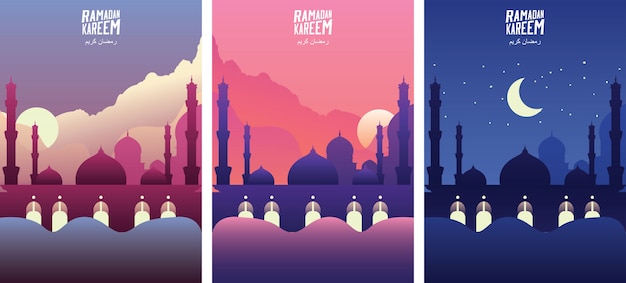 Mesquita islâmica com nuvem no nascer do sol, pôr do sol e noite. as bandeiras do cumprimento do kareem da ramadã ajustaram a ilustração do vetor do molde. - vetor