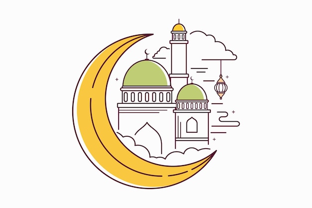 Mesquita, lua e lanterna. ilustração da celebração do eid com desenho de contorno. vetor isolado em fundo branco