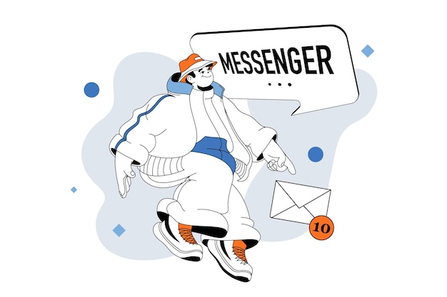 Messenger esboço web conceito moderno em design de linha plana homem recebe notificações com novas letras e usando aplicativo para conversar on-line ilustração vetorial para mídia social material de marketing de banner