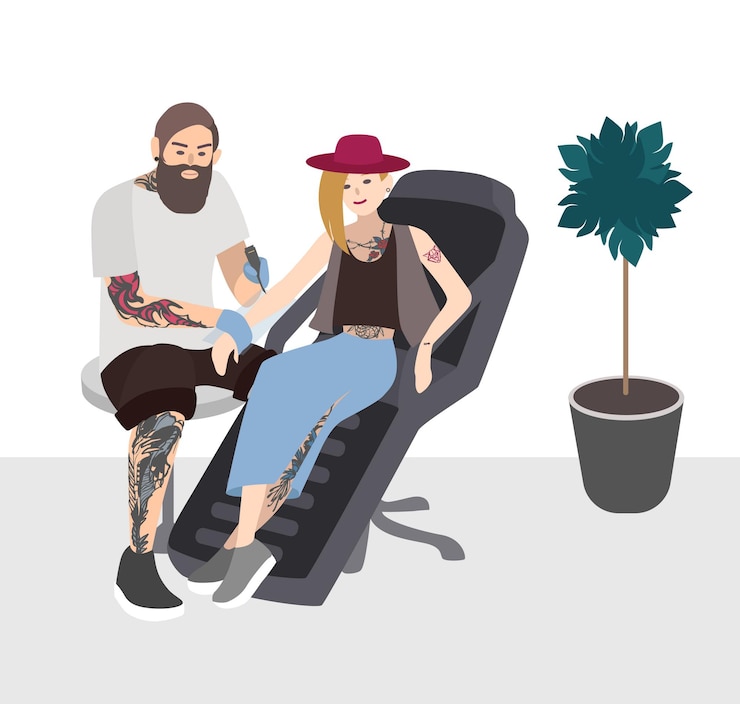 Vetor mestre da tatuagem no trabalho. tatuador profissional fazendo tatuagem para mulher jovem. tatuador com cliente. ilustração plana.