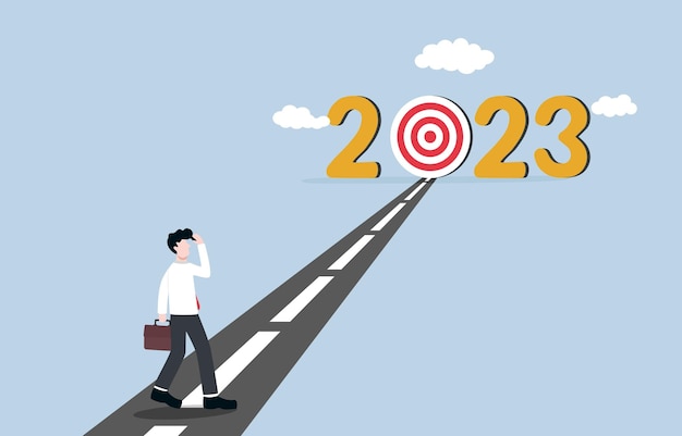 Meta de negócios no ano de 2023, com o objetivo de alcançar o conceito de ano novo, empresário a caminho da meta de 2023.