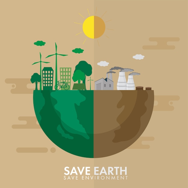 Metade da terra de verde ou cidade ecológica e de poluição para salvar o conceito de ambiente.