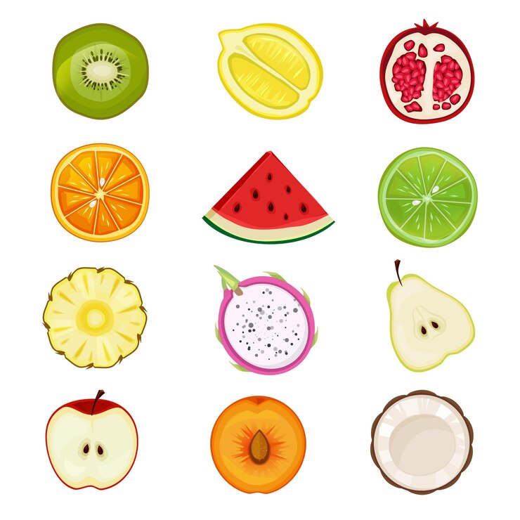 Vetor metade das frutas. alperce cereja morangos pêssego saudável fatiado ícone de comida natural em formas de círculo definido.