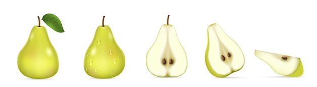 Metades inteiras de pêra verde realista e frutas fatiadas Alimentos orgânicos Fruta doce fresca
