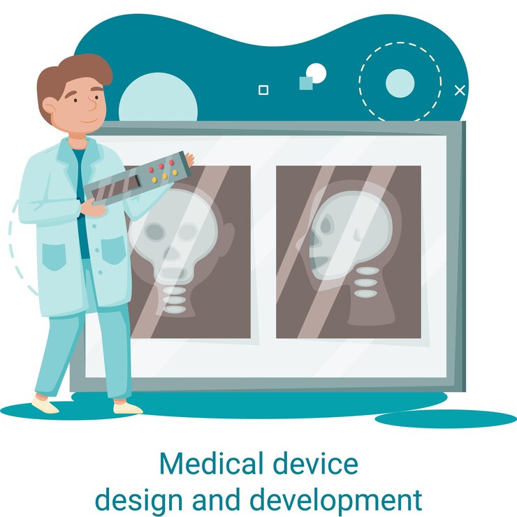 Vetor metáfora de design e desenvolvimento de dispositivos médicos com cientistas desenvolvem equipamentos de aparelhos de pesquisa e experimento laboratório de serviço de diagnóstico químico laboratórios clínicos pesquisa farmacêutica