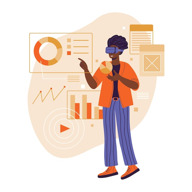 Metaverse Digital realidade virtual Mulher negra trabalhando com dados de negócios em realidade virtual usando fone de ouvido VR e óculos futuristas Break The Science Bias Ilustração em vetor de desenho plano colorido