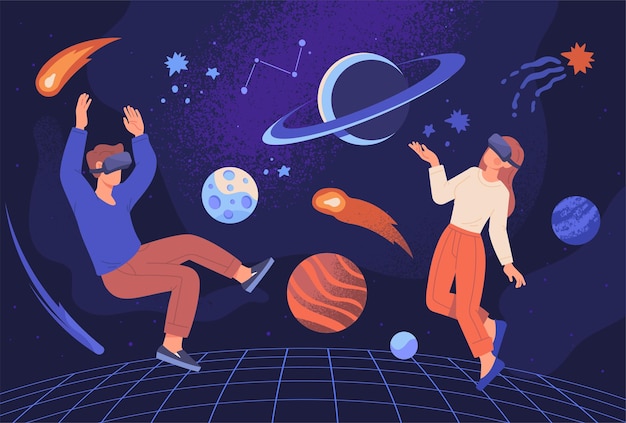 Metaverso ou conceito de realidade virtual homem e mulher em óculos digitais voando no espaço exterior entre
