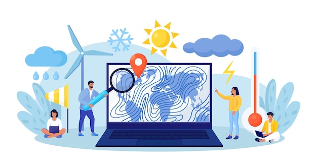 Vetor meteorologia geofísica previsão do tempo meteorologista estudando e pesquisando a condição climática do tempo on-line no laptop com o mapa mundial do ciclone previsores trabalham no centro meteorológico