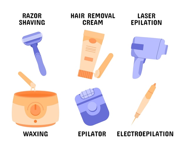 Vetor métodos de depilação de aparelho de barbear, depilação a laser e depilação com cera, cuidados com a pele e com o corpo